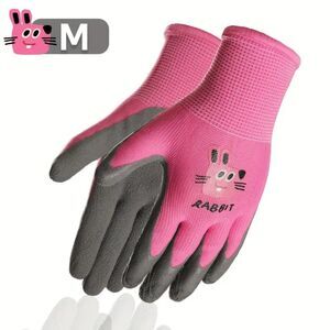 ⭐ Girls Pink Durable Garden Gloves Water Resistnt Stretch Rabbit Bunny New  Med